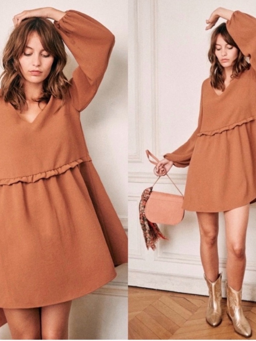 Sezane Penelope Hazelnut Long Sleeve Dress 34 US 4 D01